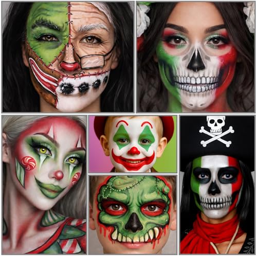 Green White Red Face Body Paint Set, Mexico Flag Face Painting Kit with Painting Brushes for Halloween, Water Based Face Paints for Xmas Elf, Grinch, Orcs, Day of the Dead Skull & Monster SFX Make-Up - color: Green+White+Red+3Pcs Brushes