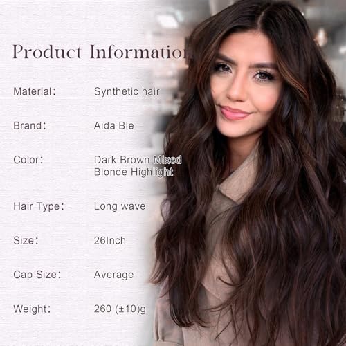 Aida ble Long Wavy Dark Brown Mix Blonde Highlight Wig for Women 26inch | Natural Looking Synthetic Hair,Suitable for Daily Wear,Party,Halloween and Cosplay,Beginner-friendly,Lightweight and soft - color: Dark Brown Mixed Blonde Highlight