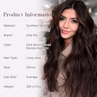 Aida ble Long Wavy Dark Brown Mix Blonde Highlight Wig for Women 26inch | Natural Looking Synthetic Hair,Suitable for Daily Wear,Party,Halloween and Cosplay,Beginner-friendly,Lightweight and soft - color: Dark Brown Mixed Blonde Highlight