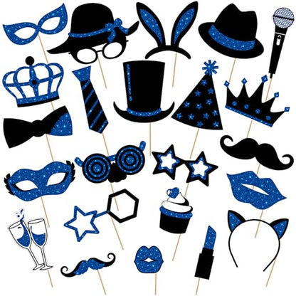 Zonon 24 Pcs Photo Booth Props Set Black Gold Birthday,Blue and Black | Props on Sticks for Wedding, Reunion, Prom, Includes Mustache, Hats, Glasses, Ties, Lips, Crowns, Fun Party Accessories - color: Blue and Black