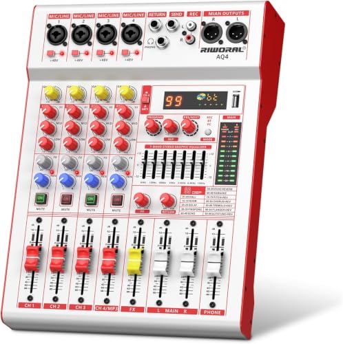 4 Channel Audio Interfacer DJ Mixer Sound Board USB Audio Mixer Effects with DSP 99 Preset+48V Phantom Power Stereo DJ Mixers for Karaoke Studio Streaming Recording,Live Streaming