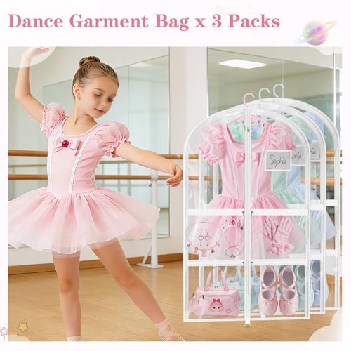 3 Pack Clear Dance Garment Bags for Dancers, 40" Waterproof Dustproof Dance Costume Bags for Hanging Clothes with 5 Large Zipper Pockets for Dance Competition, Suitable for Dress, Uniform