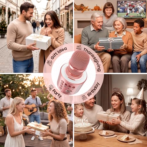 BONAOK Wireless Bluetooth Karaoke Microphone, 3-in-1 Portable Handheld Mic Speaker Machine with Built-in Non-Detachable Battery, for All Smartphones, Gifts to Girls, Boys Kids Adults All Age - color: Champagne