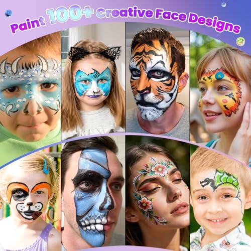 26 Colors Face Painting Kit, Oil-Based Face & Body Paint Palette | Complete Face Paint Kit with Brushes, Stencils, Glitter & Gems for Halloween, Parties, Festivals, Cosplay and Creative Events - color: 26 Colors