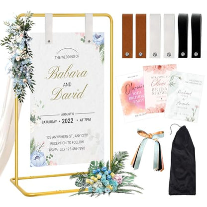 Wedding Sign Holder with 3 Pairs of Leather Straps & 6 Ribbons, Adjustable Height 50"/68" Heavy Duty Easel Stand for Display, Portable Wedding Welcome Sign Stand with Carrying Bag & Digital Templates (Gold)