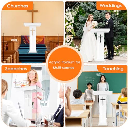 45.3 Customized Logo and Text Acrylic Podium Lectern, Pulpit for Churches with Double Shelves, Modern Plexiglass Pulpits Lectern with Cross Design for Classroom, Conference, Wedding and More - size: 45.3IN-cross customize