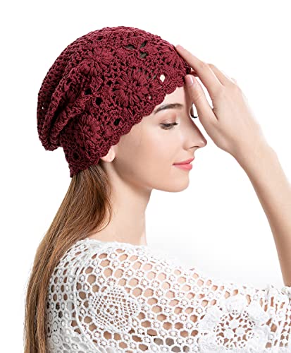 ZLYC Women Cotton Crochet Slouchy Beanie Hat Handmade Knit Summer Skull Cap | Lightweight breathable,boho casual chic look,travel photos festival party,café commute daily wear,beach concert gathering - color: Burgundy Red