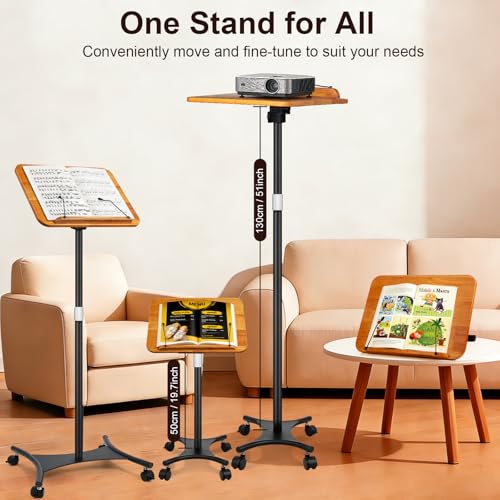 2-in-1 Dual-use Floor & Desktop Music Stand, Adjustable 16.5"-51" Book Stand, Solid Wood Sheet Music Holder, Floor Book Stand with Elastic Page Clip for Cookbooks, Laptop (Natural Wood with Wheel) - color: Natural Wood With Wheel