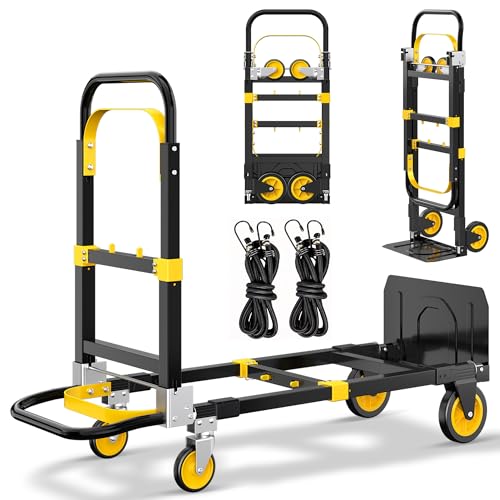 Upgraded 3 in 1 Folding Hand Truck, 600lbs Convertible Hand Truck Dolly with Solid Wheels and Straps Luggage, Convertible Hand Trucks for Moving Home, Office, Warehouse（Orange） - color: Orange-black, size: 3-1