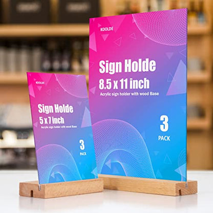 KOOLDE 3 Pack 5x7 Acrylic Sign Holder with Wood Base, L/T Shape Vertical & Slant Back Double Display Stand, Clear Table Menu Holders for Wedding, Restaurant, Office, Home & Hotel Decor - size: 5x7