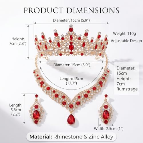 Tiaras Crowns for Women,Wedding Jewelry Set, Tiaras Necklace Earrings Crystal Bridal Wedding Jewelry Sets for Brides Bridesmaid Prom Costume Accessories - color: Gold Red