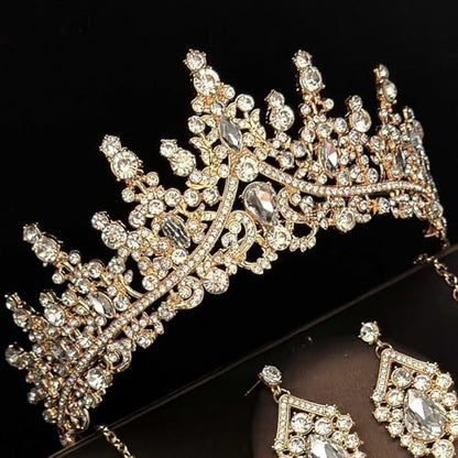 Tiaras Crowns for Women,Wedding Jewelry Set, Tiaras Necklace Earrings Crystal Bridal Wedding Jewelry Sets for Brides Bridesmaid Prom Costume Accessories - color: Gold whtie