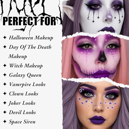 UCANBE Halloween Makeup Kit – 15-Color Purple Eyeshadow Palette, White Liquid Foundation, Purple Liquid Lipstick, Black Eyeliner, Setting Powder & Sponges Makeup Set for Cosplay Witch Devil Sorceress - color: Purple Makeup Kit