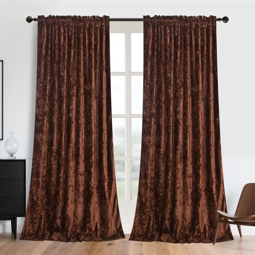 Brown Crushed Velvet Curtains with Rod Pocket Luxurious Thermal Insulation Room Darkening Window Drapes for Living Room Bedroom Office, 2 Panels Set 52" W x 84" L - color: Brown, size: 52"W x 96"L (Pack of 2)
