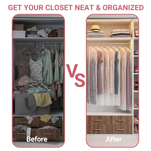 6 Pack Translucent Suit Garment Bag with Zipper 24" x 55" | Frosted PE Hanging Garment Covers, Dust-Proof Clothes Protector Bag for Travel, Dance Costumes, Dresses, Suits - Clear View - size: 24 × 55 in