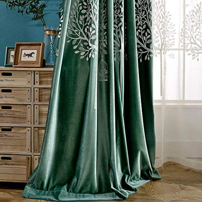 VOGOL Soft Flannel Trees Embroidered Grommet Curtains, Thermal Blackout Theater Curtain Panels, Room Darkening Drapes for Bedroom, 2 Pieces, 60 x 106 - color: Tree-green