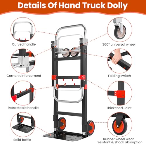 3-in-1 Folding Hand Truck, 600lb Convertible 4 to 2 Wheel Dolly Cart Red - color: Red-1