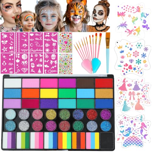 Face Painting Kit , 42 Colors Professional Face Paint Makeup Kit Non-Toxic Water Activated Facepaint Palette with Brush, Stencil, Sponge, Gem, for Party Halloween (42 Colors kit for Girls) - color: 42 Colors for Girls