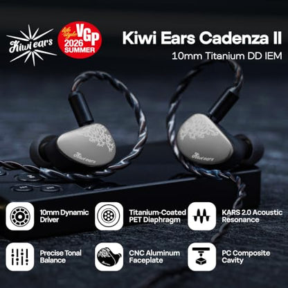 Linsoul Kiwi Ears Cadenza II 10mm Titanium Driver in Ear Monitor IEMs | KARS 2.0, Precise Tonal Balance, CNC Aluminum Faceplate, 2Pin Cable for Audiophiles Gaming, Grey, 3.5mm without Mic - color: Grey