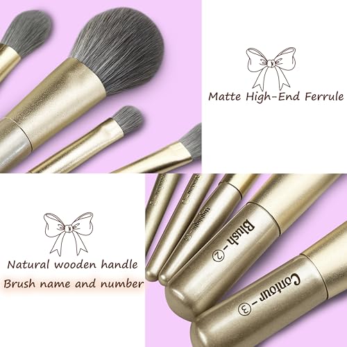 Jilier Travel Makeup Brush Set, 14 pcs Mini Makeup Brushes for Foundation, Powder, Eyeshadow, Highlight, Contour, Blush & Concealer, Small Makeup Brush Set Purse Size with Case - color: Gold