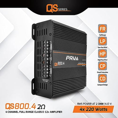 PRV Audio QS800.4 2 Ohm Compact 4 Channel Car Audio Amplifier 4 x 220 Watts RMS at 2 Ohm - 800 Watt Amp 12 Volts Amp Class D Bridgeable 800x4 High Power Stereo