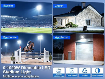 0-150000LM Led Stadium Lights Outdoor Dimmable 0-1000w | Commercial Super Bright Led Arena Floodlight 100-277v 5000k Yoke Mount IP66 Pole Light for Outside Large Area, Sportcourt - size: Extra Large/1000/Dimmable