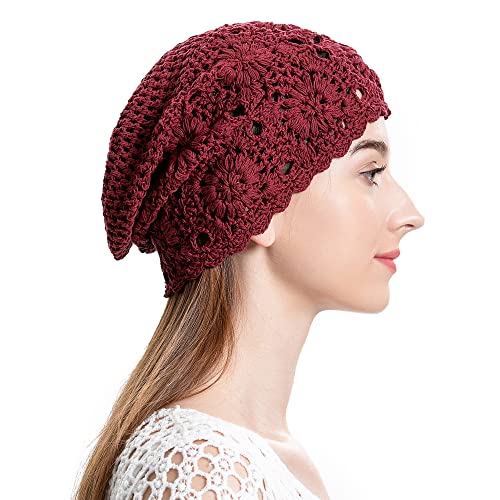 ZLYC Women Cotton Crochet Slouchy Beanie Hat Handmade Knit Summer Skull Cap | Lightweight breathable,boho casual chic look,travel photos festival party,café commute daily wear,beach concert gathering - color: Burgundy Red
