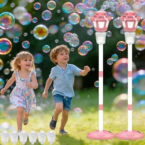 2 Pack Bubble Machine for Kids, Automatic Bubble Blower with Light & Rechargeable Battery, 40 Inch Adjustable Height Outdoor Toys for Party, Toddlers, Sibling Gifts (Includes 6 Solution), Pink - color: Pink-2 Pack