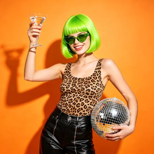 Short Bob Straight Hair Wigs with Bangs, Synthetic Fiber Colorful Hair, Cat Eye Glasses for Women (Light Green) - color: Light Green