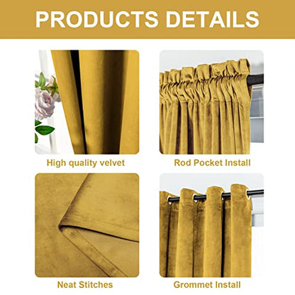 FY FIBER HOUSE Rod Pocket Ring Luxury Velvet Window Curtain Panels Blackout Draperies Heat Insulated Panel Drapes W52 X L84 Inch Set of 2 Panels Gold Yellow - color: Gold Yellow, size: 84"W x 52"L (Pack of 2)