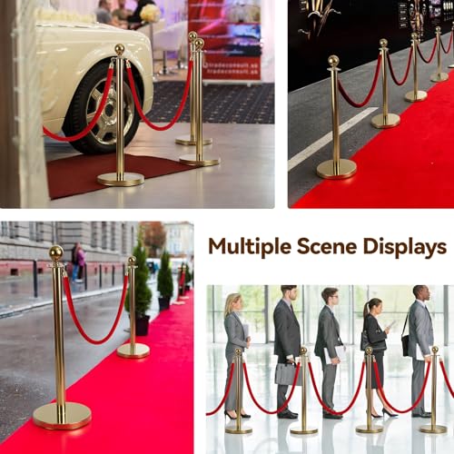 6Pcs Golden Stanchion Posts with 4 Red Velvet Ropes,Crowd Control Barriers for Birthday High-end Venues,Water/Sand/Concrete Fillable Leakproof Base,Easy to Assemble Golden