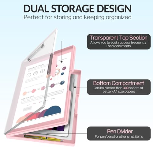 Sooez Nursing Clipboard with Storage, Clear Top Clip Boards 8.5x11, Pink | Heavy Duty Plastic, Dry Erase, High Capacity, Nurse Essentials, Dental Assistant, Teacher & College School Office Supplies - color: Light Pink