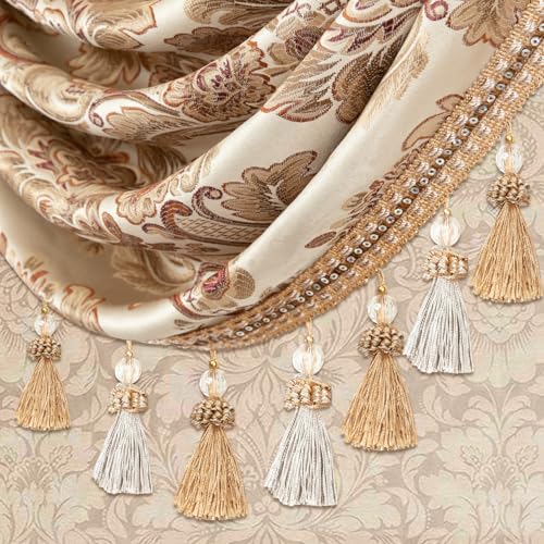 Leeva Waterfall Valance 79x45, Extra Wide Damask Swag Curtains with Beaded Tassels, Rod Pocket Window Valance for Living Room Bedroom Kitchen, Beige Luxury European Style - color: *Beige, size: 79"W x 45"L (Pack of 1)