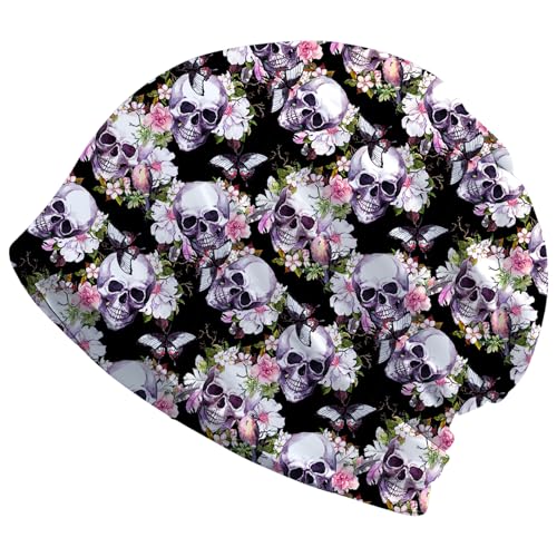 Art Owl Women's Slouchy Beanie Hat Cute Turban Hats Cancer Headwear Caps Baggy Skull Sleep Scarf - color: Flowers Skulls
