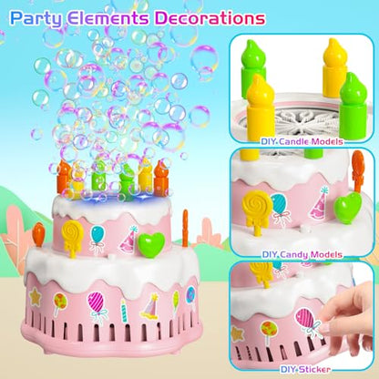 Panamalar Birthday Cake Bubble Machine, Automatic Bubble Blower Machine for Kids Toddlers with Music/Lights/Solution,10000+ Bubble/Min 13 Holes Bubble Maker Toys for Outdoor Birthday Wedding Gift - color: Pink