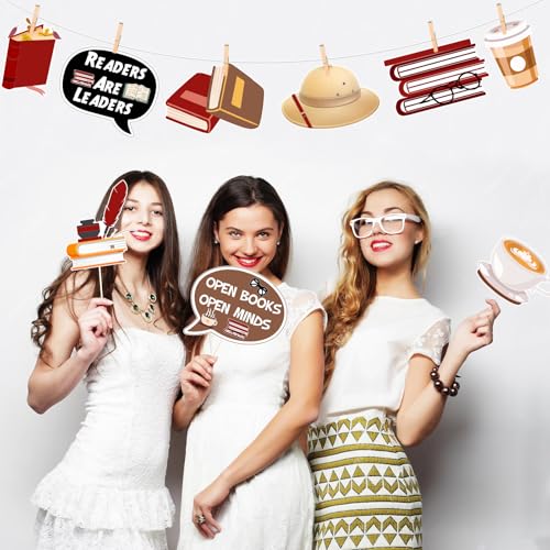 Sursurprise Book Club Party Decorations, 24Pcs Book Club Photo Props, Reading Book Photo Props Decor for Book Lover Birthday Library Party Supplies