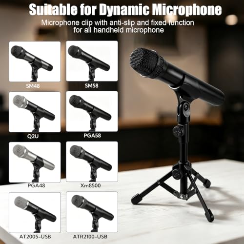 4 Pack Desk Mic Stand, Portable Foldable Tripod Microphone Stand with Mic Clip Holder, Adjustable Tabletop Stand for Blue Yeti, Snowball, Shure SM58, Dynamic & Condenser Microphones ﻿