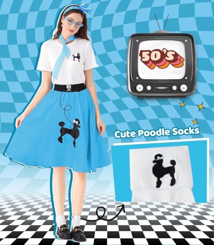 1950s Poodle Skirt Outfit Women 50s Sock Hop Costume T Shirt Accessories - color: Blue, size: Small