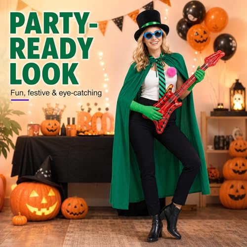 7 Pcs Green Costume Accessories Set Classic Cartoon Inspired Cape Top Hat Gloves Stripe Tie Sunglasses Inflatable Bass Halloween Cosplay Book Day Party Outfit Adults