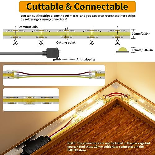PAUTIX COB LED Strip Light White CCT Tunable 3200LEDs,CRI90+ 16.4ft/5m Dimmable 2700K-6500K 24V LED Tape Light,for Under Cabinet Bedroom Kitchen TV Mirror DIY Lighting(Adapter & Dimmer NOT Included) - size: 16.4ft(Strip ONLY)
