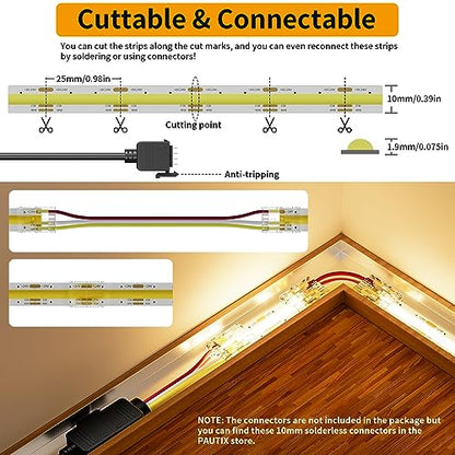 PAUTIX COB LED Strip Light White CCT Tunable 6400LEDs,CRI90+ 32.8ft/10m Dimmable 2700K-6500K 24V LED Tape Light,for Under Cabinet Bedroom Kitchen TV Mirror DIY Lighting(Adapter & Dimmer NOT Included) - size: 32.8ft(Strip ONLY)