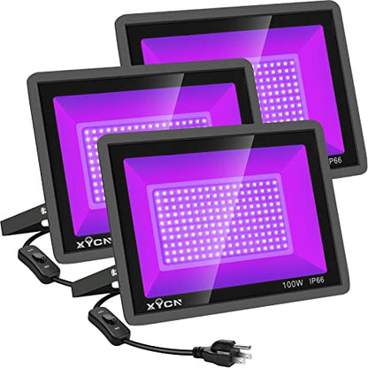 XYCN 3 Pack 100W LED Black Light, Blacklight Flood Light with Plug and Switch, IP66 Waterproof Neon Glow for Party, Halloween, Fluorescent Poster, Body Paint, Aquarium - color: 3pack 100w Led Black Light