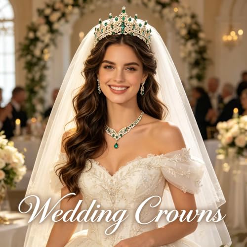 Tiaras Crowns for Women,Wedding Jewelry Set, Tiaras Necklace Earrings Crystal Bridal Wedding Jewelry Sets for Brides Bridesmaid Prom Costume Accessories - color: Gold Green