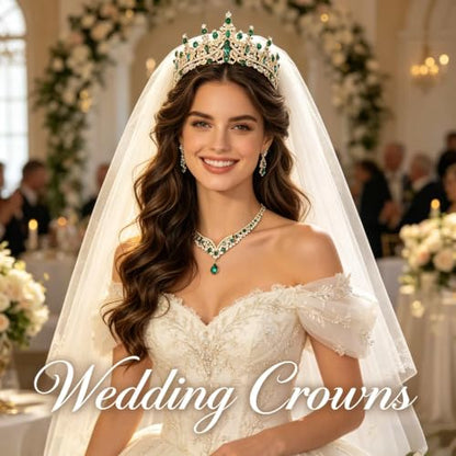 Tiaras Crowns for Women,Wedding Jewelry Set, Tiaras Necklace Earrings Crystal Bridal Wedding Jewelry Sets for Brides Bridesmaid Prom Costume Accessories - color: Gold Green