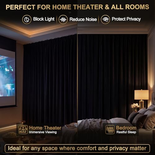 Batiyeer 100" w x 96" L Extra Wide Home Theater Curtains, Velvet Blackout Curtain Panel, 380 GSM Heavyweight Black Velvet Drapes, 95% Room Darkening Curtains for Home Theater, Stage, Villa, 1 Panel