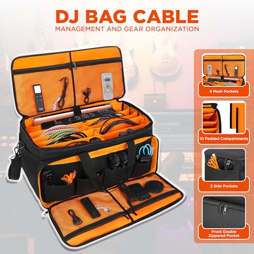 Large DJ Cable File Bag, Heavy Duty Gig Bag 17" Laptop Sleeve with Padded Dividers for Musicians, Professional Gear Cords, Microphone, Travel