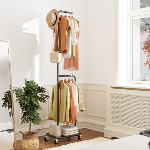 Small Rolling Clothing Rack with Shelf, Narrow Clothes Rack with Wheels | Gasvadivum 71" Tall Sturdy Metal Garment Rack with Hanging Rod, Freestanding Portable Coat Rack for Bedroom, Entryway, Black - color: Black