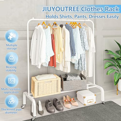 JIUYOTREE Metal Clothing Rack with Wheels, 43.3 Inches Rolling Clothes Garment Coat Rack with Bottom Shelf, Clothing Rack for Hanging Clothes, Coats, Skirts, Shirts, Sweaters, White - color: White, size: 43.3"W x 15.75"D x 61"H with wheels