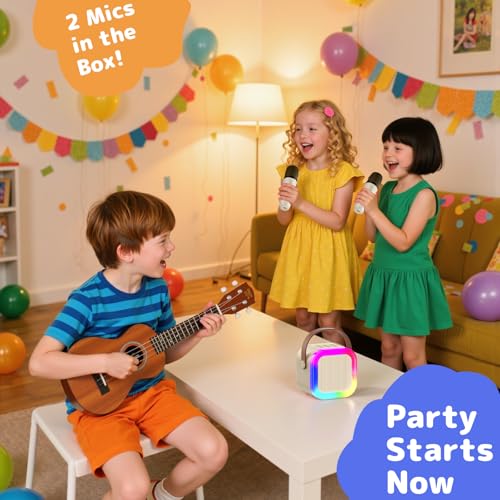Karaoke Machine for Kids Adults, Mini Karaoke Machine with 2 Wireless Microphones, Portable Bluetooth Speaker with Voice Changing Effects & LED Lights, Best Gifts Toys for Girls and Boys - color: Beige