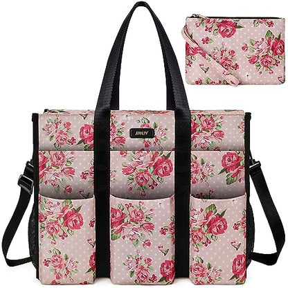 IBFUN Utility Tote Bag with 24 Pockets, Large Teacher Travel Tote for Women - color: C7-l-pink Flower, size: Large